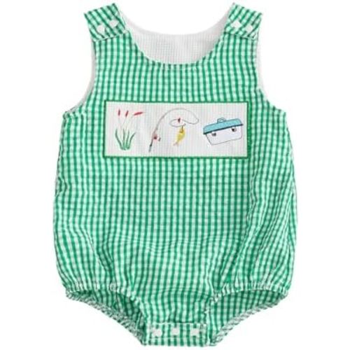 PUHHAPIEY Baby Boy Summer Clothes Sleeveless Embroidery Fishing Gingham Romper Jumpsuit Retro Smocked Shortall