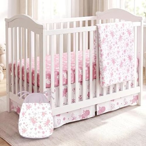 Hahafelt 4 Pieces Crib Bedding Set for Girls and Boys, Soft Baby Bedding Set Including Crib Skirt, Comforter, Sheet and Diaper Stacker for Nursery(Antique Rose)