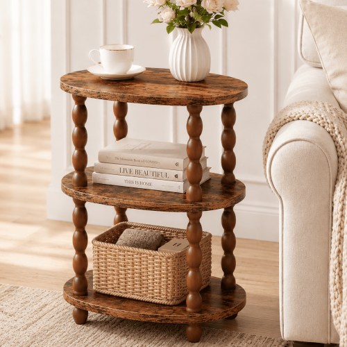 MEHOOM 3-Tier Side Table, Small End Table for Living Room and Bedroom, Vintage Accent Table Nightstand with Storage