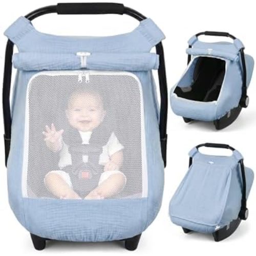 Rquite Baby Car Seat Cover Boy, Muslin Mesh Window Infant Carseat Canopy