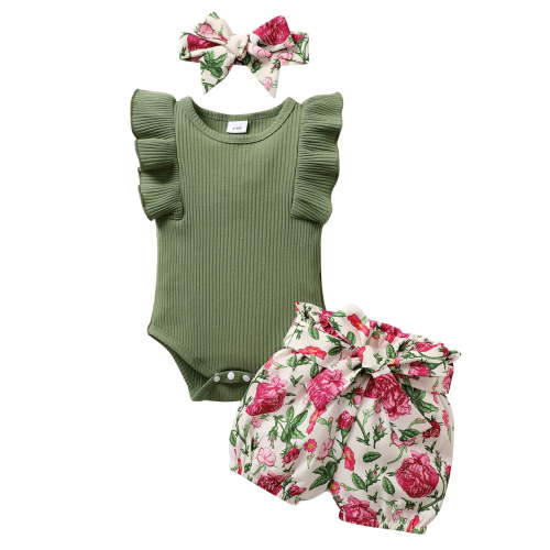 Younger Tree Baby Girl Summer Outfits, Ruffle Sleeve Romper, Floral Shorts, Headband, 3-6 Months