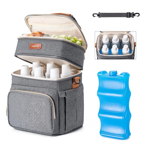 Breastmilk Cooler Bag with Ice Pack Fits 6 Baby Bottles Up to 9 Ounce, Double Deck Leak-Proof Baby Bottles Bag with Shoulder Strap for Nursing & Working Mom,
