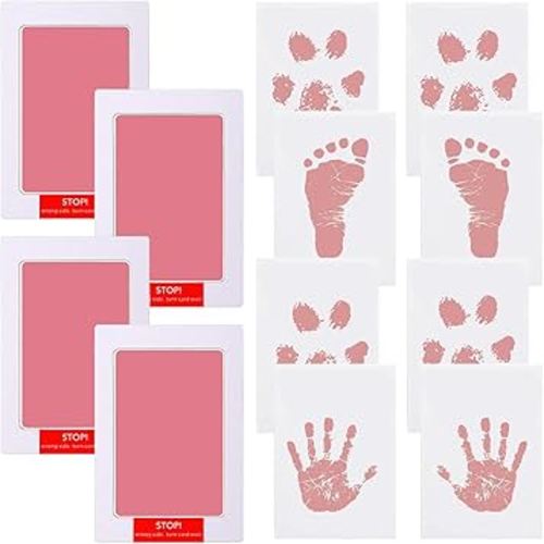Inkless Hand and Footprint Kit Clean Touch Ink Pad for Newborn Baby Pet Paw Print Kit(4 Ink Pads,8 Imprint Cards) (4 Pack Pink)
