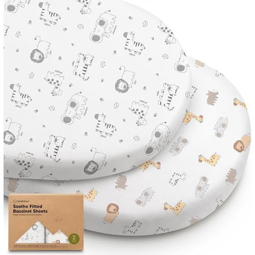 2-Pack Organic Bassinet Sheets for Girls, Boys - 100% Cotton Bassinet Mattress Sheets Compatible with Halo Bassinest Swivel Sleeper, Graco, Baby Delight, Chicco, Fitted Bassinet Sheets (KeaSafari)