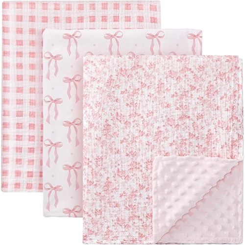 Chicplaid 3 Pack Baby Blankets for Unisex Girls, Muslin Cotton Front Soft and Breathable, Dotted Fleece Backing, Pink Bow Gingham Floral Printed Nursery Minky Blankets for Newborn Toddler, 30" x 40"