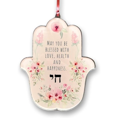 Hamsa Hand Wall Hanging with Blessing, Pink Rose Floral Design, Jewish Gift for Newborn, Hebrew Baby Naming (Light Pink Floral)