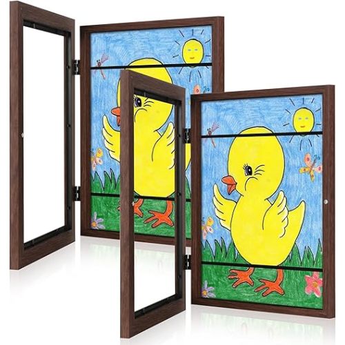 GULETHUN [2-Pack] Kids Art Frames, 8.5x11 Front Opening Kids Artwork Frames Changeable, Brown Artwork Display Storage Frame for Wall, Holds 50 Pcs, for 3D Picture, Crafts, Hanging Art, Portfolio