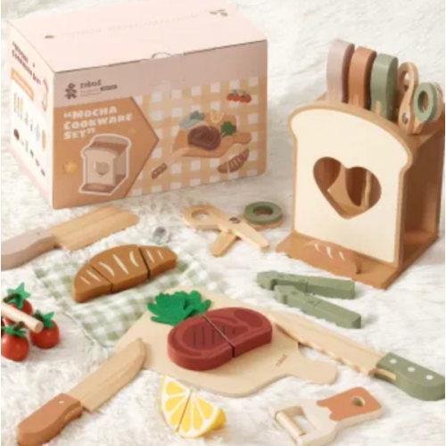Kids Play Kitchen Knife Set, Wooden Cooking Playset, Montessori-Inspired Pretend Kitchen Toys for Toddlers, Gift for Boys and Girls