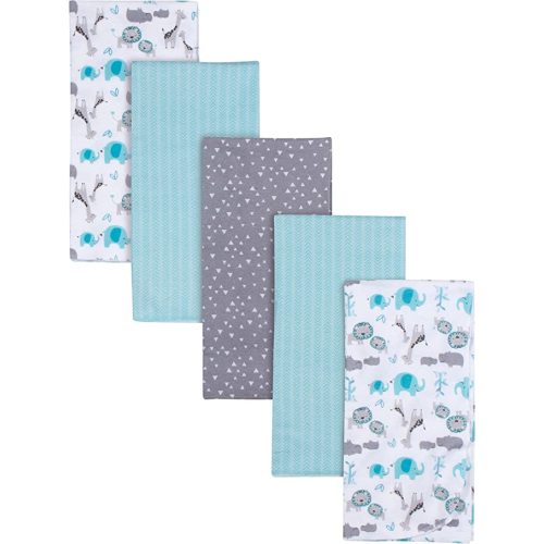 Gerber Boys Newborn Infant Baby Toddler Nursery 100% Cotton Flannel Receiving Swaddle Blanket, Safari White, Pack of 5