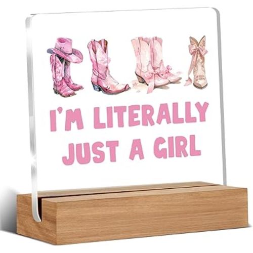 Pink Cowgirl Gifts, Coquette Room Gift for Girl, Girly Office Gifts, Pink Bow Cowgirl Boots Home Office Room Decorative Signs Plaque for Desk