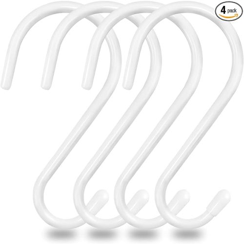 6 Inch White S Hooks, Large Vinyl Coated S Hooks Heavy Duty Non Slip Metal Closet Rod Hooks for Hanging Plants Outdoor Lights Jeans Clothes Bags Pot Pan Cups Tools - 4 Pack