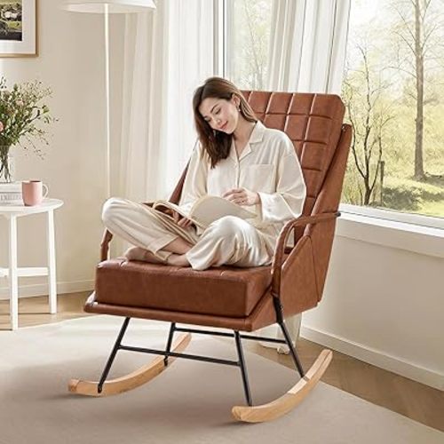 VECELO Rocking Chair Nursery, Over Size Leather Glider Rocker with High Backrest, Upholstered Removable Back, Brown