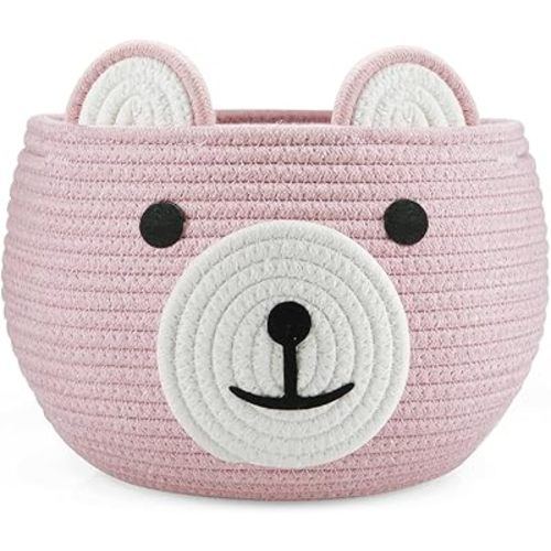 PandaEar Cotton Rope Baby Basket, Baby Gift Basket Nursery Laundry Organizer with Cute Bear Design for Storage Infant Newborn Essentials, Diaper Caddy with Handle (Pink)