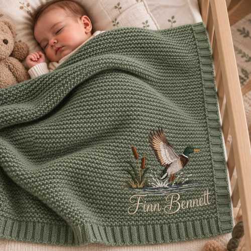Personalized Mallard Duck Embroidered Baby Blanket, Custom Name Duck Knitted Throw, Baby Gift, Welcome Baby Gift, Baby Shower Announcement