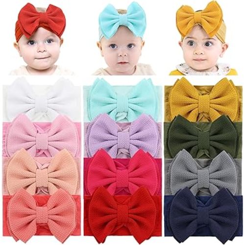Cinaci 12 Pack Super Stretchy Nylon Headbands with Big Bow Hair Accessories Wide Headwraps for Baby Girls Infants Toddlers Kids