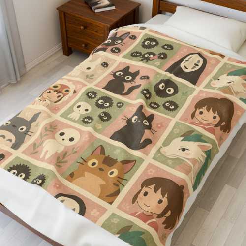 Studio Ghibli-Inspired Quilted Velveteen Plush Blanket Cozy Anime Throw for Bedroom, Couch & Gift Giving