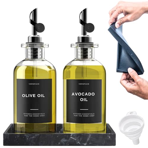 Verspace Olive Oil Dispenser Bottle For Kitchen With Silicone Tray & 40 Labels, Soy Sauce Dispenser, Coffee Syrup Dispenser, Olive Oil Bottles Set Of 2, Black