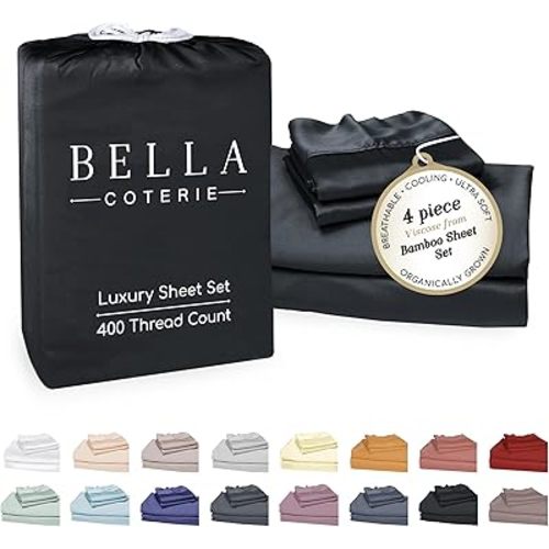 Bella Coterie Luxury Bamboo Viscose King Size Sheet Set | 100% Organically Grown | Ultra Soft | Cooling for Hot Sleepers | 18" Deep Pocket [Black]