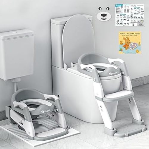 3-in-1 Toddler Potty Training Toilet Seat with Ladder | Foldable Toilet Potty Training Seat with Step Stool Ladder | 5-Level Adjustable Height | Soft Cushion, Splash Guard & Anti Slip Pad