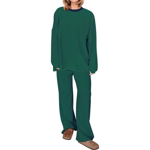 MISSACTIVER Women's 2 Piece Striped Lounge Set Long Sleeve Oversized T-Shirt Wide Leg Pants Matching Pajamas Set