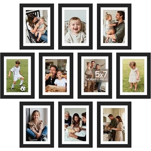 upsimples 5x7 Picture Frame Set of 10, Display Pictures 4x6 with Mat or 5x7 Without, Multi Photo Frames Collage for Wall or Tabletop Display, Black