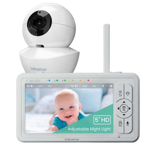 Babysense HD Split Screen Video Baby Monitor, 5" LCD, Non-Wifi, Pan Tilt Zoom, Adjustable Night Light, Two-Way-Talk, Night Vision, 4000mAh Battery, HD S2-1CAM