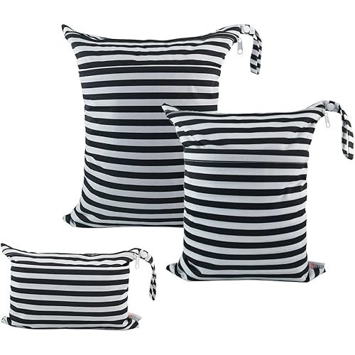 ALVABABY 3pcs Baby Cloth Diaper Wet Dry Bags Waterproof Reusable with Two Pockets Travel Beach Pool Daycare Soiled Baby Items Yoga Gym Bag for Swimsuits or Wet Clothes 3L-WB01