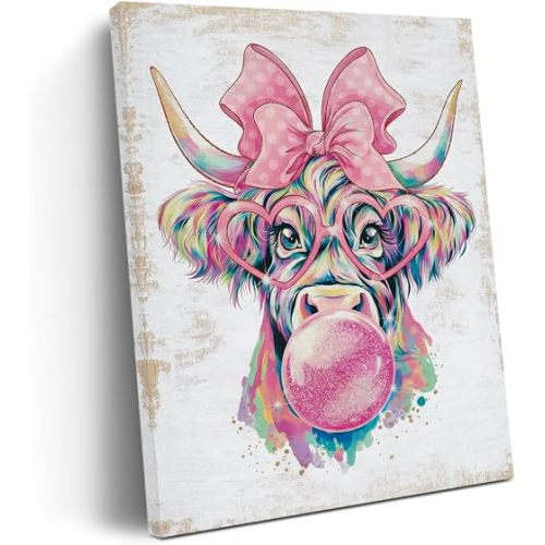 Henhesaha Coquette Highland Cow Decor Canvas Wall Art Wall Decor, Retro Cute Cow Prints Framed Poster Artwork for Office Home Bedroom Nursery Farmhouse Living Room Bathroom Girls Room,11.4x15IN