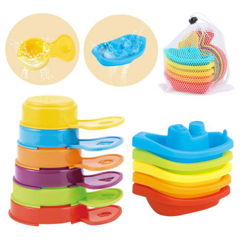 Bath Toys Rainbow Floating Boats with Bathing Spoon, 11 Pcs Water Table Toys Baby Bath Toys for Toddlers 1-3/Infants 6-12-18 Months Bathtub Toys Shower Toys