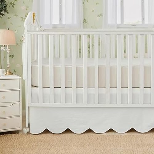 Brandream Scallop Edge Organic Cotton Crib Skirt, Baby Boy, Baby Girl, Gender Neutral Crib Skirt Toddler Bedskirt Farmhouse Chic Nursery Crib Bed Skirt, Boho Bohemian Solid Cream White Skirt