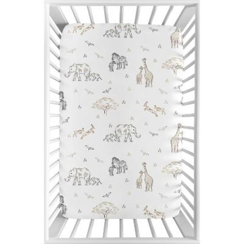 Sweet Jojo Designs Boy or Girl Gender Neutral Unisex Baby Fitted Mini Crib Sheet Serengeti Animals Taupe and White
