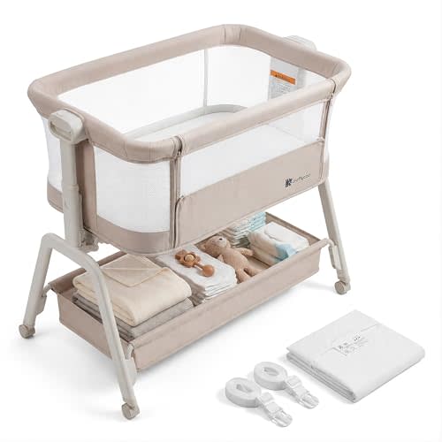 CRAFTYCOO All-in-1 Bedside Bassinet for Baby  Adjustable Height Bedside Sleeper with Full Mesh Sides 2 Breathable Sheets & Storage Basket | Portable Baby Bassinet for Newborns with Wheels Bed Anchor