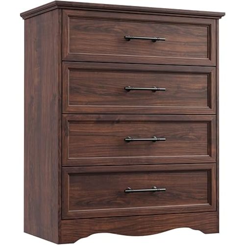 Walnut Dresser for Bedroom, Farmhouse 36" Tall 4 Drawer Chest with Sleek Brushed Metal Handles, Modern Wood Storage Cabinet with Unique Base Design, Closet Organizer for Bedroom, Living Room, Hallway