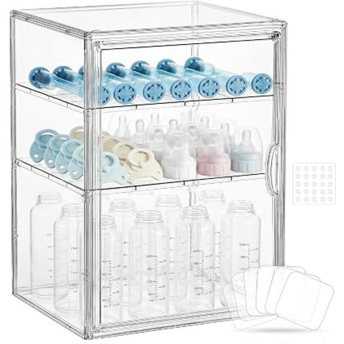 Baby Bottle Organizer – X-Large Adhesive Wall-Mount 3 Tier Adjustable Acrylic Bottle Storage Container with Magnetic Door – for Countertop, Cabinet, Kitchen, and Vanity, Gifts for New Mom