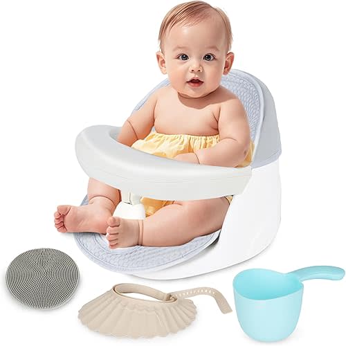 Swivel Baby Bath Seat, Openable Armrest and 360° Rotatable Baby Bath Seat for Babies 6 Months & up, Baby Bath Mat/Rinse Cup/Brush/Baby Shower Cap Included, White