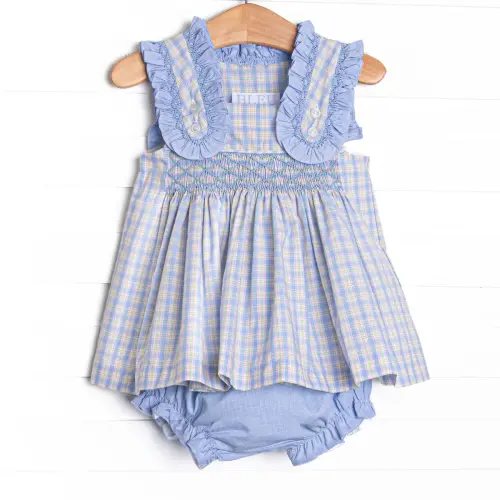 Bleu: Corinne Smocked Diaper Set, Light Blue and Green Plaid - 6 Months
Item #90576-6M