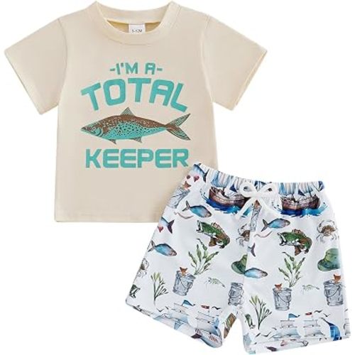 Fernvia Toddler Baby Boy Summer Clothes Short Sleeves Letters Fishing T Shirt Tops & Shorts Set 2 Piece Outfit