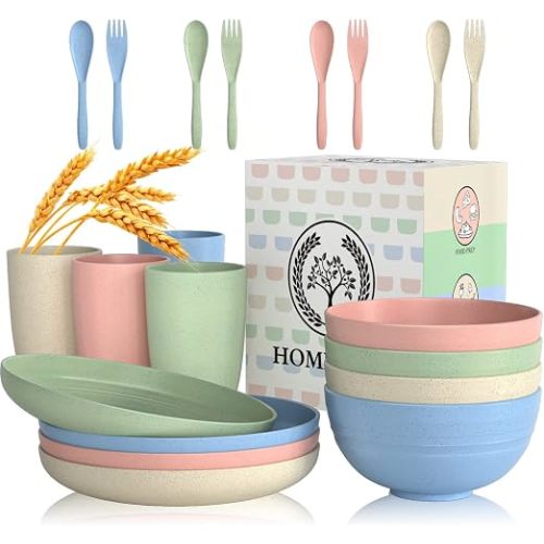 Wheat Straw Dinnerware Sets 20 PCS Cups and Plates Sets for Kitchen Microwave and Dishwasher Safe Plate Set Unbreakable Camping Dish Set Kids Plates and Bowls Sets for Picnic, RV (Multilight)