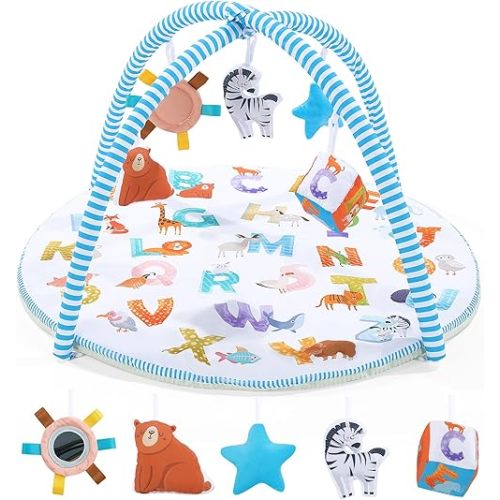 BALAPET Soft Tummy Time Activity Mat, Oceans Style Baby Play Activity Gym Mat with 5 Detachable Toys for Toddlers & Infants,Washable Pad for Early Sensory Exploration and Motor Skill Development