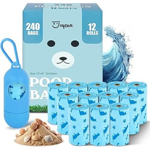 Joyeux 240 Count Ocean Scent Dog Poop Bags Rolls,with Dispenser,Leak-Proof Large Doggie,Extra Thick Poop Bag for Dogs,Cats Litter Bags,Blue Trash Bags for Doggy Pets Bolsa de Popo de Perro