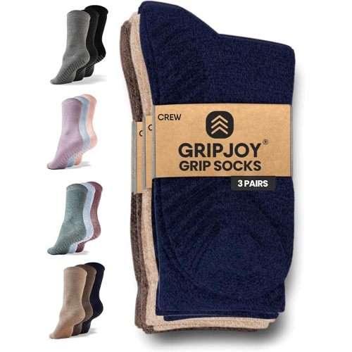 Gripjoy Grip Socks for Women, Grippy, Non Slip, Gripper Socks for Women & Men, Pilates, Yoga, Hospital, 3 Pairs, Crew
