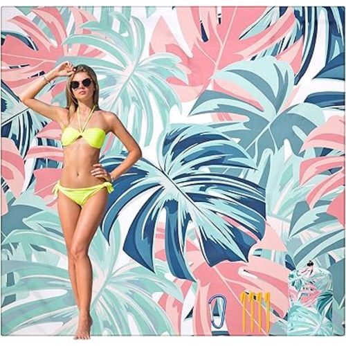 Beach Blanket Waterproof Sandproof Beach Mat for 1-8 Adults Quick Drying Durable Outdoor Picnic Mat for Beach Festival Travel Camping Hiking (Flamingoes-Palm, 79"×83"(4 Person))