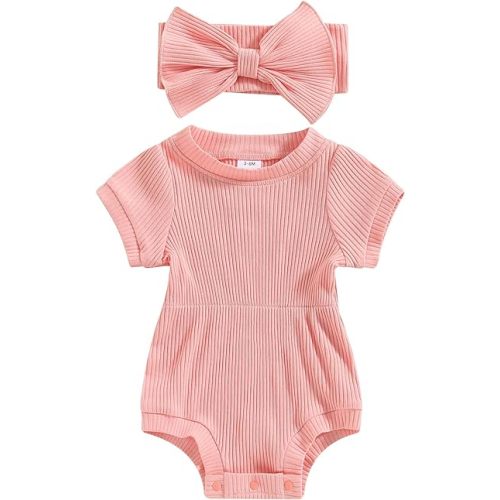 FOCUSNORM Baby Girl Summer Clothes Ribbed Short Sleeve Romper Solid Color Bodysuits Bow Headband Outfit Newborn Girl Jumpsuit