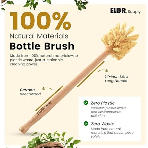 Bottle Brush, 14in Extra Long German Beechwood Handle, Strong Hemp Bristles, Zero Waste, Cleans and Scrubs Hard to Reach Wide Mouth Jars, Glasses, and Tumblers