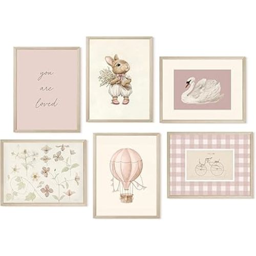 Pink Nursery Wall Art Baby Girl Canvas Wall Decor Vintage Poster Bunny Flower Wall Art Antique Preppy Pictures Animal Floral Prints Kids Swans Painting for Girls Room Bedroom 8x10x6 Inch Wood Framed