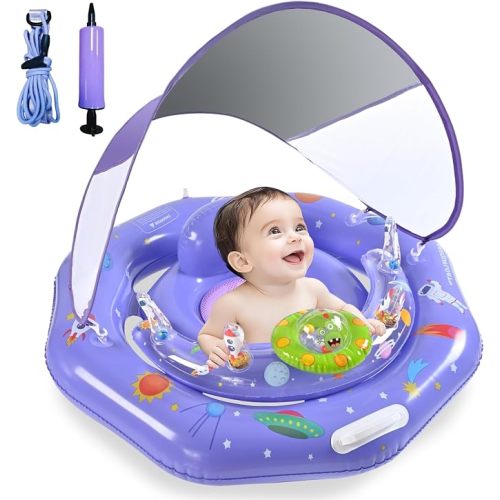 Baby Pool Float with Canopy, UPF50+ Sun Protection Infant Pool Float with Safe Handle & Leash Design, Portable Baby Float with Interactive Toy Console for Ages 6-36 Months Infant&Babies,Infant Floatie