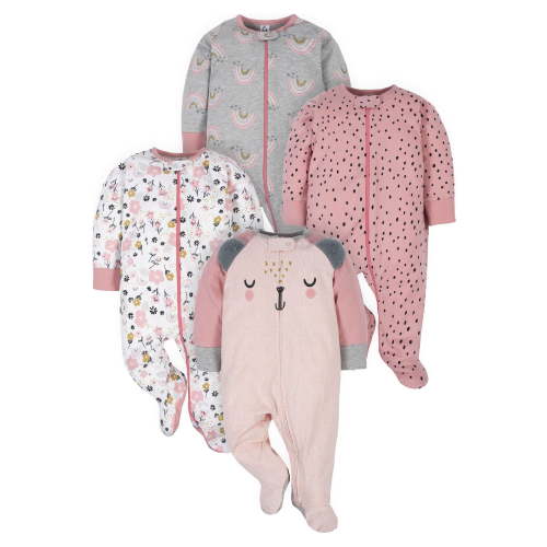 Gerber Newborn Baby Girl Zipper Sleep 'n Play Footed Pajamas, 4-Pack