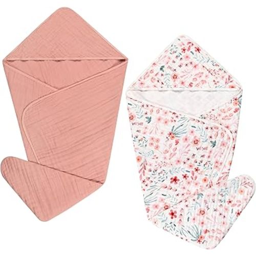 2 Pack Hooded Baby Towel Set Ultra Soft Absorbent Muslin Cotton Bath Towels 35x35 Inches for Newborns, Infants, Toddlers & Kids Ideal Baby Gift Registry Essential (Pink, 35" x 35" (90x90 cm))