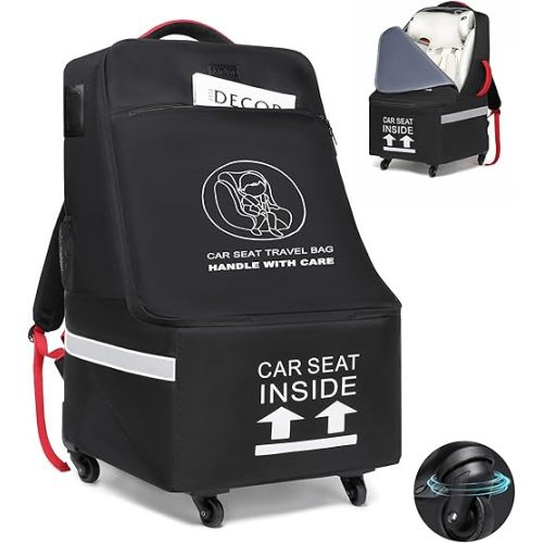 MCBD Car Seat Travel Bag for Airplane with Wheels, Padded Baby Carseat Backpack for Airport Gate Check Carrier Fits Booster Seat & Luggage Toddler Carseat Cover with Reflective Strips, Black