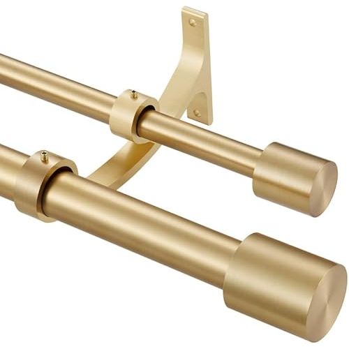 Warm Gold Double Curtain Rods 36-72" (3-6ft), Decorative Window Curtain Rod with Cap Finials, 1 Inch Front and 5/8 Inch Back Telescoping Dual Rod